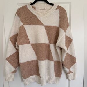 Cozy Checkerboard Knit Sweater - Cream & Tan